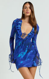 Ruffle Plunge Neck Long Sleeve Tie Detail Dress in Blue Abstract